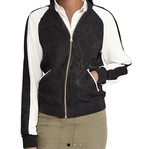 Lauren Ralph Lauren Black White satin jacket Floral Two-Tone Bomber Track - Picture 1 of 7